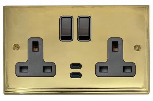 G&H VB913B Victorian Plate Polished Brass 2 Gang Double 13A Plug Socket Dual 4.2A USB C
