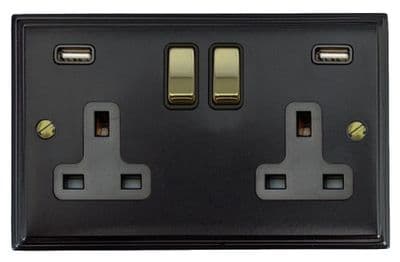 G&H VFB3910-PB Victorian Plate Matt Black 2 Gang Double 13A Switched Plug Socket 2.1A USB