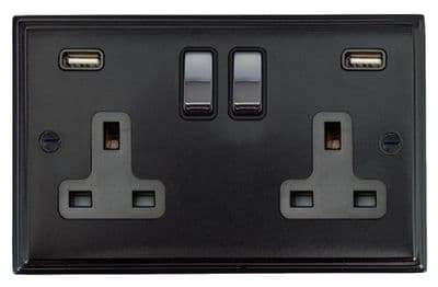G&H VFB3910-PC Victorian Plate Matt Black 2 Gang Double 13A Switched Plug Socket 2.1A USB