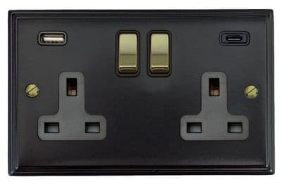 G&H VFB3911-PB Victorian Plate Matt Black 2 Gang Double 13A Plug Socket 3.1A USB A + C