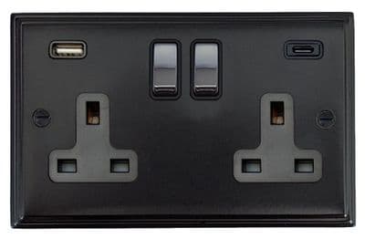 G&H VFB3911-PC Victorian Plate Matt Black 2 Gang Double 13A Plug Socket 3.1A USB A + C