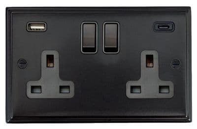 G&H VFB911B Victorian Plate Matt Black 2 Gang Double 13A Plug Socket 3.1A USB A + C