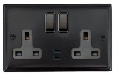 G&H VFB913B Victorian Plate Matt Black 2 Gang Double 13A Plug Socket Dual 4.2A USB C