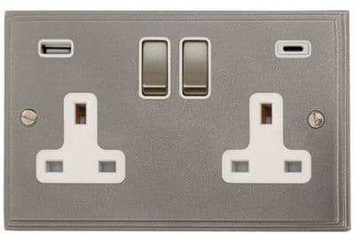G&H VP2911 Victorian Plate Pewter 2 Gang Double 13A Plug Socket 3.1A USB A + C
