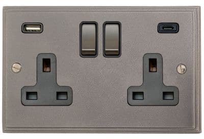 G&H VP3911 Victorian Plate Pewter 2 Gang Double 13A Plug Socket 3.1A USB A + C