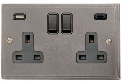G&H VP911B Victorian Plate Pewter 2 Gang Double 13A Plug Socket 3.1A USB A + C