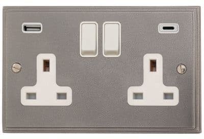 G&H VP911W Victorian Plate Pewter 2 Gang Double 13A Plug Socket 3.1A USB A + C