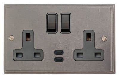G&H VP913B Victorian Plate Pewter 2 Gang Double 13A Plug Socket Dual 4.2A USB C