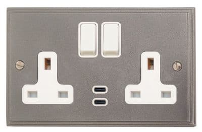 G&H VP913W Victorian Plate Pewter 2 Gang Double 13A Plug Socket Dual 4.2A USB C