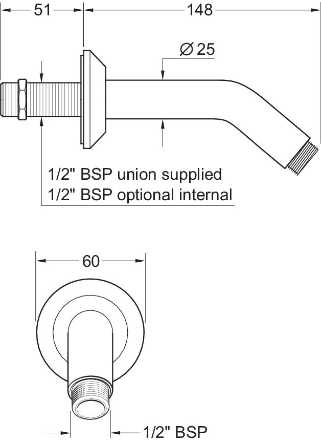 Methven SAW148 148mm Chrome Wall Mounted Shower Arm