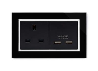 RetroTouch 13A 1G UK Socket & 2.1A Dual USB Black Glass CT 00641