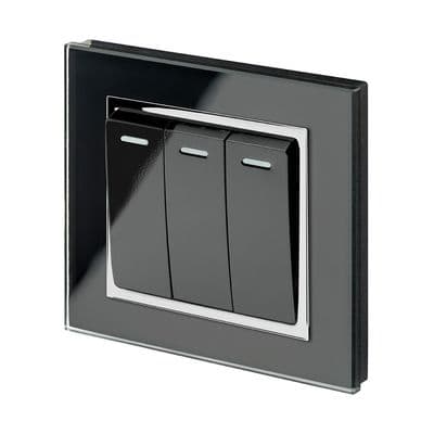 RetroTouch 3 Gang 1 or 2 Way 10A Rocker Light Switch Black Glass CT 00241