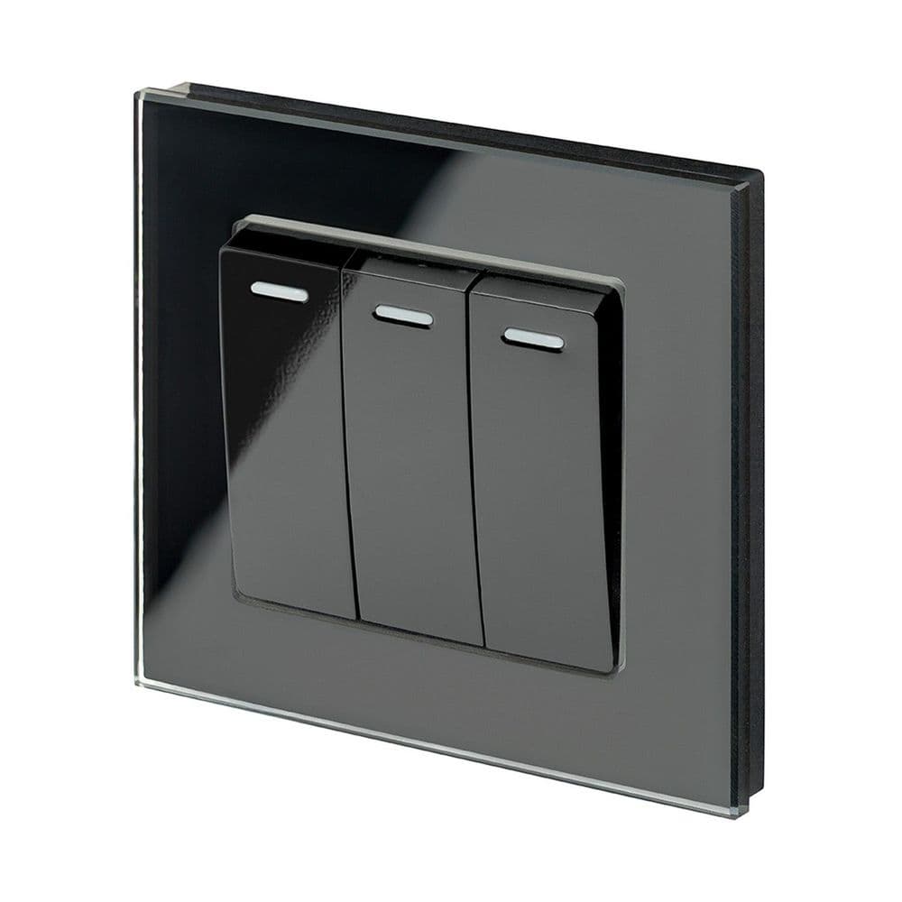 RetroTouch 3 Gang 1 or 2 Way 10A Rocker Light Switch Black Glass PG 00243