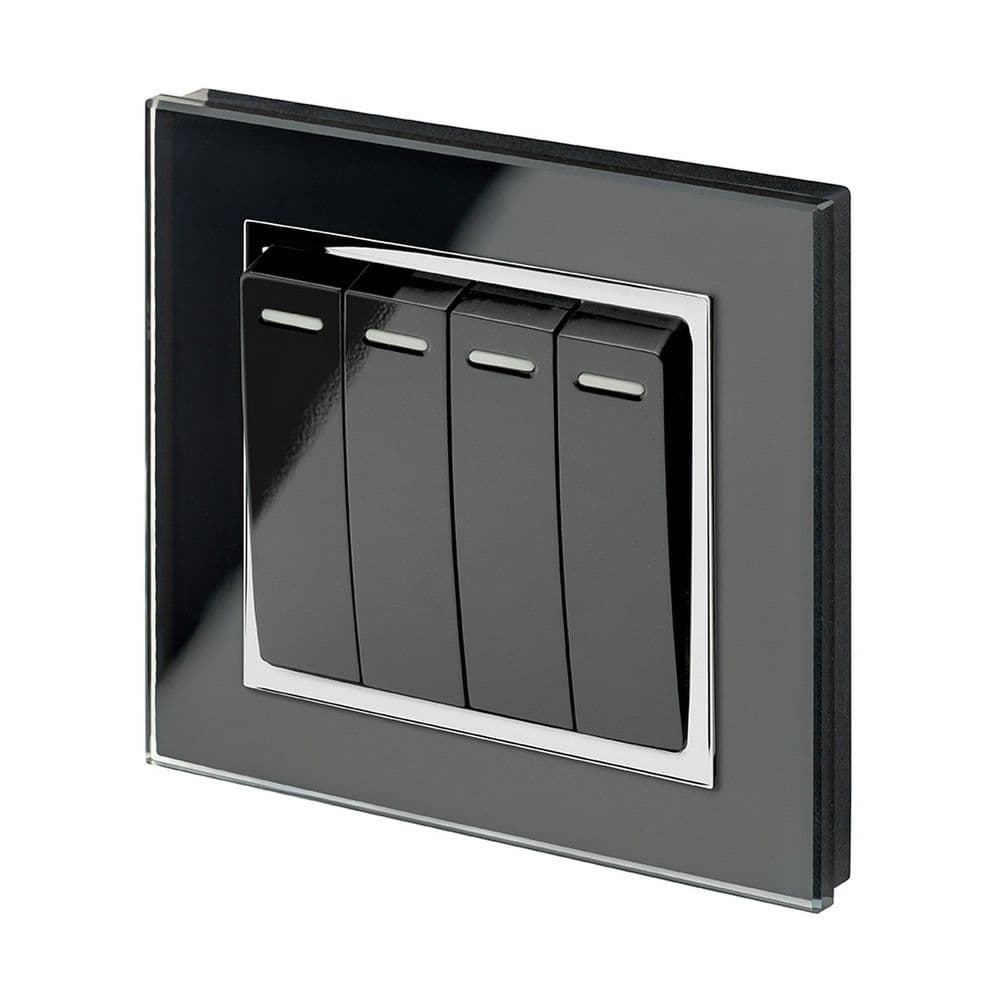 RetroTouch 4 Gang 1 or 2 Way 10A Rocker Light Switch Black Glass CT 00261