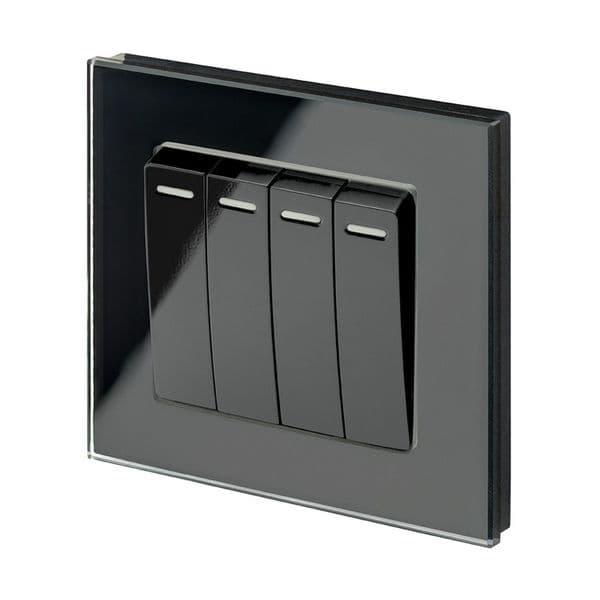 RetroTouch 4 Gang 1 or 2 Way 10A Rocker Light Switch Black Glass PG 00262