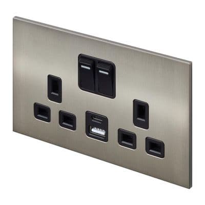 Retrotouch Aura 2 Gang Double Socket with USB-A & USB-C - Brushed Nickel BM25BN-SDUB