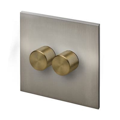Retrotouch Aura 2 Gang LED Dimmer Switch - Brushed Nickel with Brass Knobs BM16BN-D22B-LEDBB