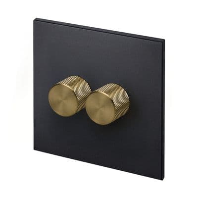 Retrotouch Aura 2 Gang LED Dimmer Switch - Matt Black with Brass Knobs MM16MB-D22B-LEDBB