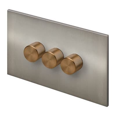 Retrotouch Aura 3 Gang LED Dimmer Switch - Brushed Nickel with Bronze Knobs BM28BN-D32B-LEDBZ