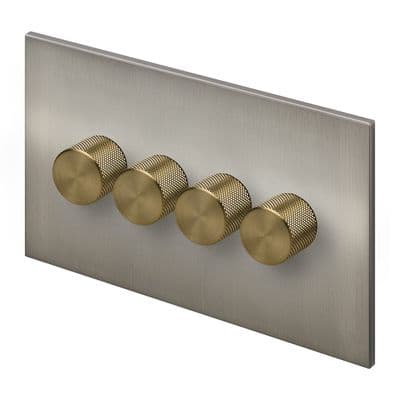 Retrotouch Aura 4 Gang LED Dimmer Switch - Brushed Nickel with Brass Knobs BM29BN-D42B-LEDBB