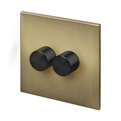 Retrotouch Aura BM16BB-D22B-LEDB 2 Gang LED Dimmer Switch - Brushed Brass with Black Knobs