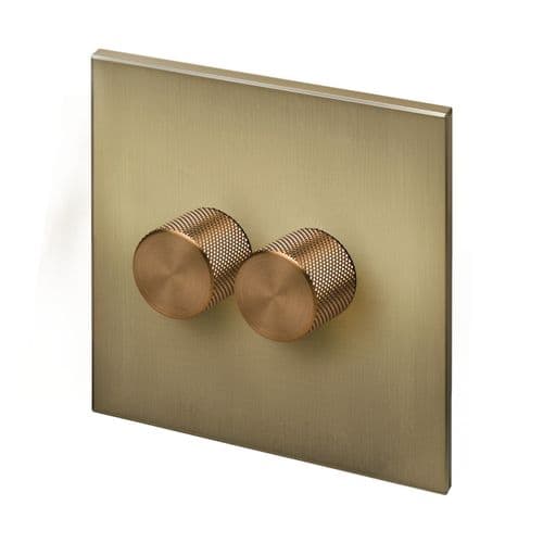 Retrotouch Aura BM16BB-D22B-LEDBZ 2 Gang LED Dimmer Switch - Brushed Brass with Bronze Knobs
