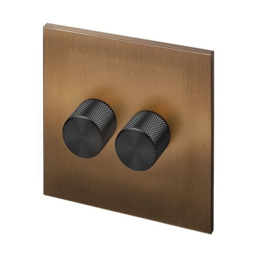 Retrotouch Aura BM16BZ-D22B-LEDB 2 Gang LED Dimmer Switch - Brushed Bronze with Black Knobs