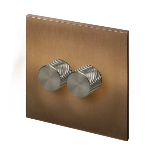Retrotouch Aura BM16BZ-D22B-LEDBN 2 Gang LED Dimmer Switch - Brushed Bronze with Nickel Knobs