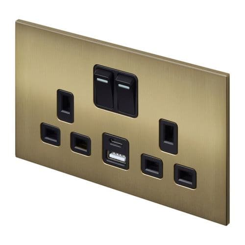 Retrotouch Aura BM25BB-SDUB 2 Gang Double Socket with USB-A & USB-C - Brushed Brass