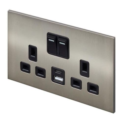 Retrotouch Aura BM25BN-SDUB 2 Gang Double Socket with USB-A & USB-C - Brushed Nickel