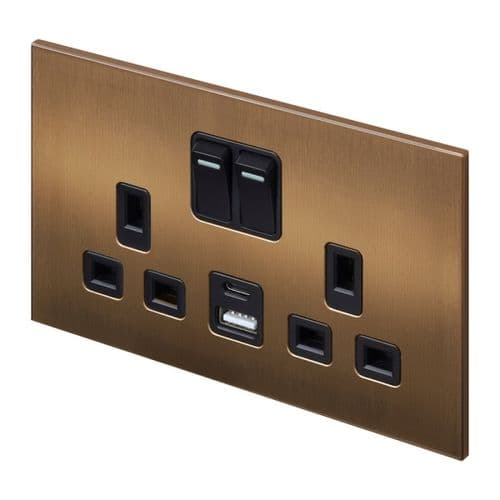 Retrotouch Aura BM25BZ-SDUB 2 Gang Double Socket with USB-A & USB-C - Brushed Bronze