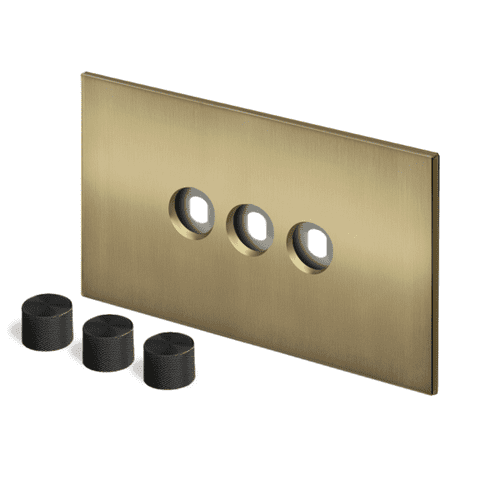 Retrotouch Aura BM28BB-D32B-B Dimmer Plate 3 Gang with Black Knobs - Brushed Brass