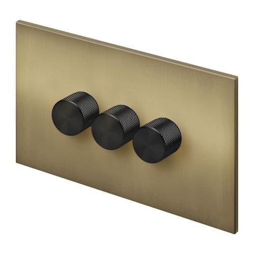 Retrotouch Aura BM28BB-D32B-LEDB 3 Gang LED Dimmer Switch - Brushed Brass with Black Knobs