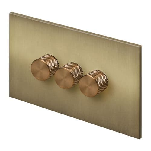 Retrotouch Aura BM28BB-D32B-LEDBZ 3 Gang LED Dimmer Switch - Brushed Brass with Bronze Knobs