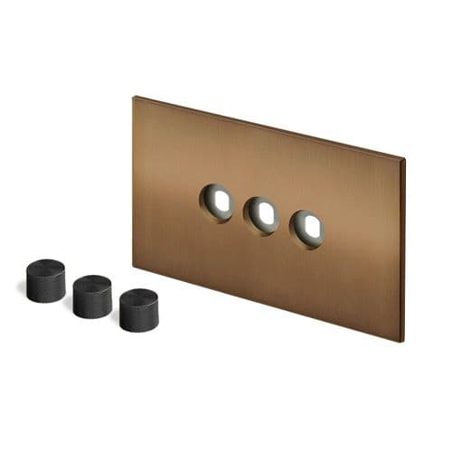 Retrotouch Aura BM28BZ-D32B-B Dimmer Plate 3 Gang with Black Knobs - Brushed Bronze
