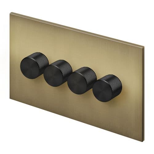 Retrotouch Aura BM29BB-D42B-LEDB 4 Gang LED Dimmer Switch - Brushed Brass with Black Knobs