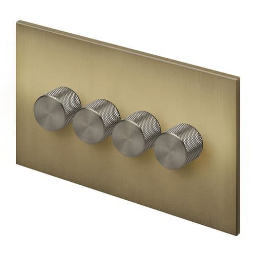 Retrotouch Aura BM29BB-D42B-LEDBN 4 Gang LED Dimmer Switch - Brushed Brass with Nickel Knobs