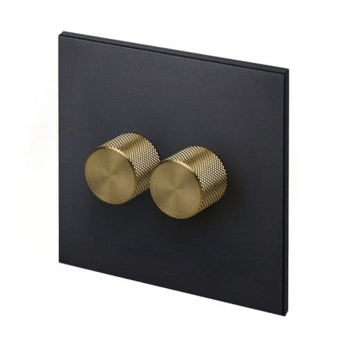 Retrotouch Aura MM16MB-D22B-LEDBR 2 Gang LED Dimmer Switch - Matt Black with Brass Knobs