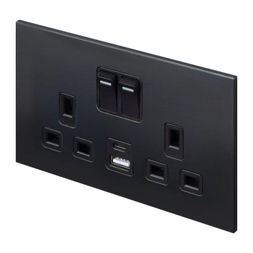 Retrotouch Aura MM25MB-SDUB 2 Gang Double Socket with USB-A & USB-C - Matt Black