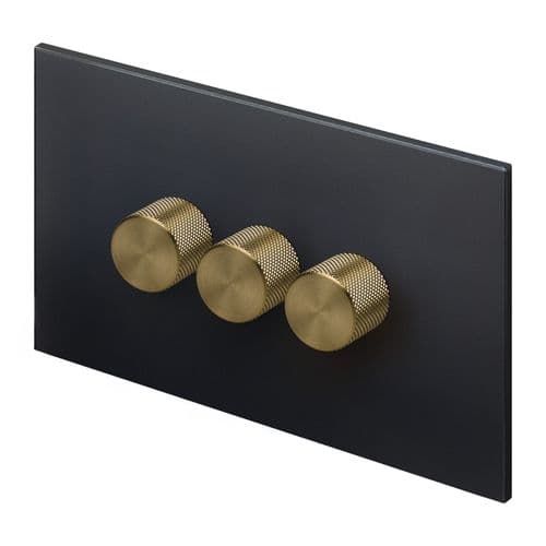 Retrotouch Aura MM28MB-D32B-LEDBB 3 Gang LED Dimmer Switch - Matt Black with Brass Knobs