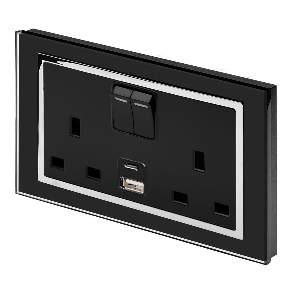 RetroTouch Double Switched 13A Plug Socket 2.1A USB A + C Black Glass CT 00663