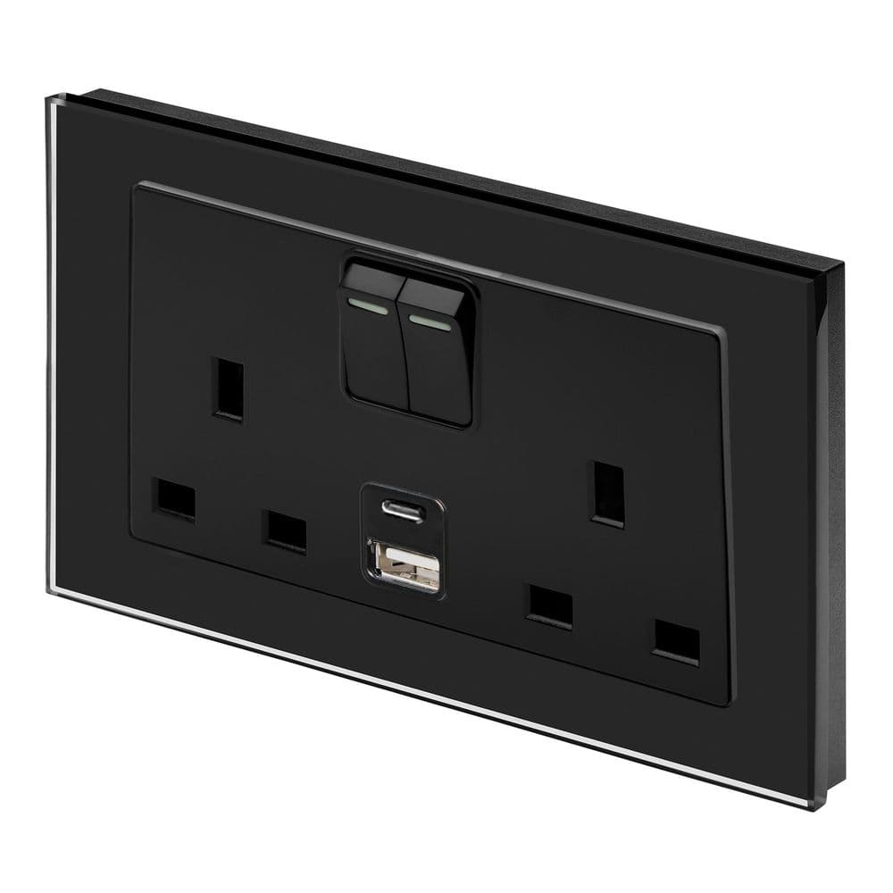 RetroTouch Double Switched 13A Plug Socket 2.1A USB A + C Black Glass PG 00659