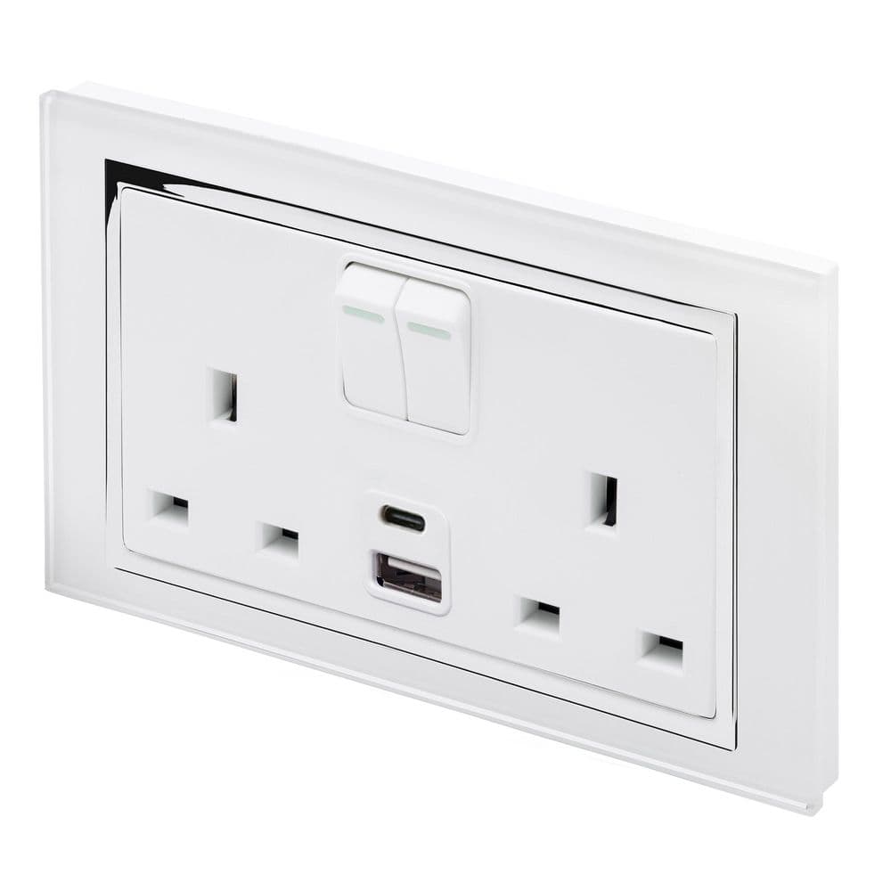 RetroTouch Double Switched 13A Plug Socket 2.1A USB A + C White Glass CT 00658