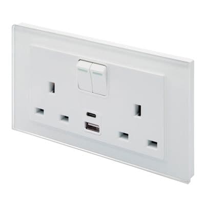 RetroTouch Double Switched 13A Plug Socket 3.1A 20W USB A + C White Glass PG 00662