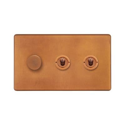 Soho Antique Copper 3 Gang 1 x 2W LED Dimmer & 2 x 2W Toggle Switch SS-SH-20-LTS342-AC