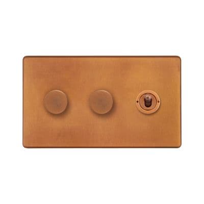 Soho Antique Copper 3 Gang 2 x 2W LED Dimmer & 1 x 2W Toggle Switch SS-SH-20-LTS343-AC