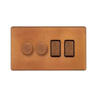 Soho Antique Copper 4 Gang 2 x 2W LED Dimmer & 2 x 2W Rocker Switch SS-SH-20-LTS152-ACB