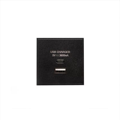 Soho Black Dual USB A+C Charger Euro Module 3.6A 50mm x 50mm SS-SH-05-EMD412-BK
