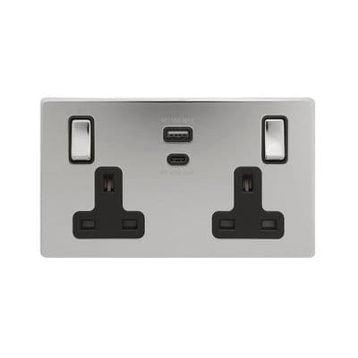 Soho Polished Chrome 2 Gang 13A Super Fast Charge 45W USB A+C Socket SS-SH-20-SKT214-PCB