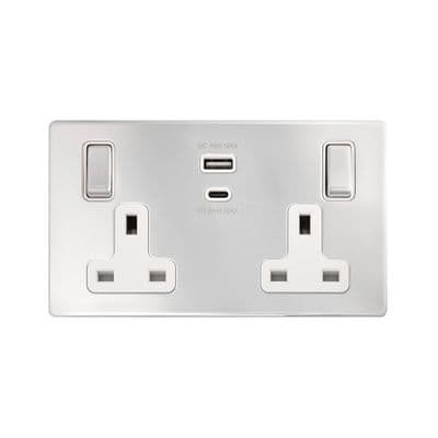 Soho Polished Chrome 2 Gang 13A Super Fast Charge 45W USB A+C Socket SS-SH-20-SKT214-PCW